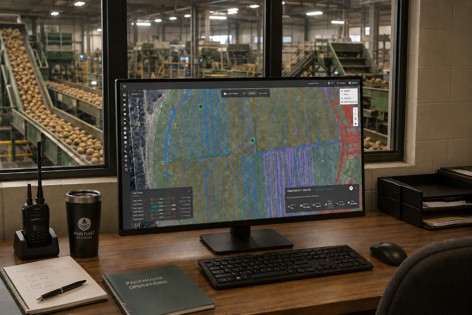 Office desktop monitor showing Agri-Fleet Systems map data inside a packhouse office