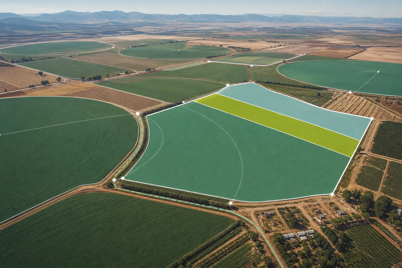 Aerial farm fields with digital field boundary overlays