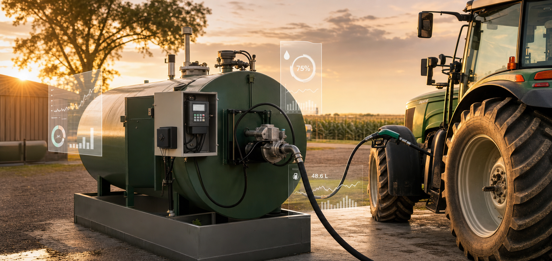 Farm diesel tank with control equipment dispensing fuel into a tractor