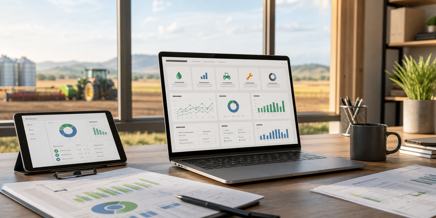 Farm office dashboard showing operational reports and charts