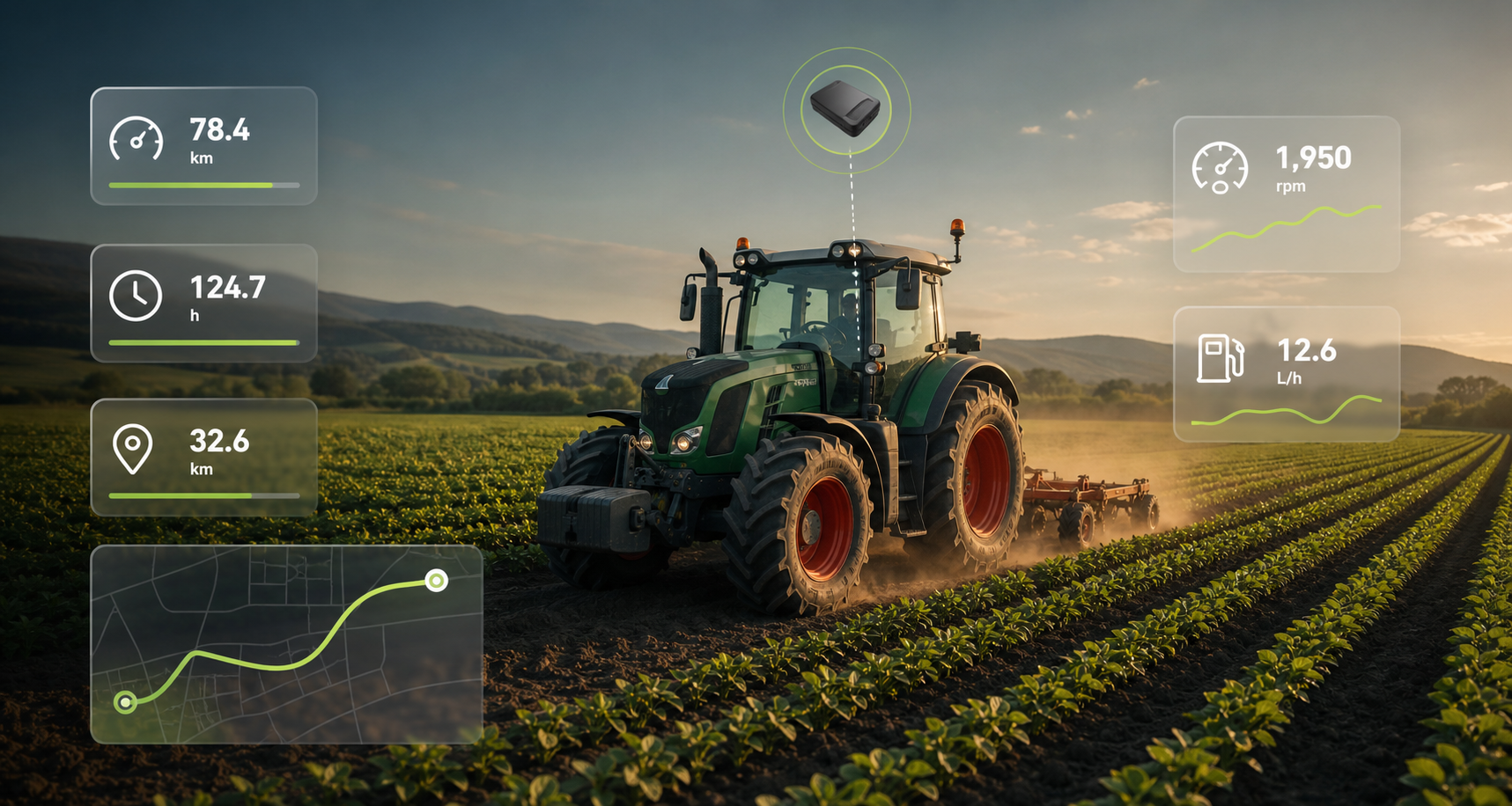 Tractor in a field with telemetry metric overlays